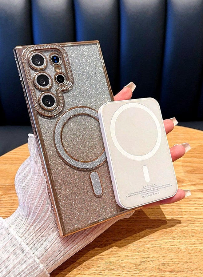 for Samsung S25 Ultra Case，Full Camera Lens Protector，Sparkly Magnetic Ring，Diamond Edge，Glitter Bling Gradient Samsung S25 Ultra Cover，Elegant Shockproof Phone Case for Women Girls， Gold - Image 2