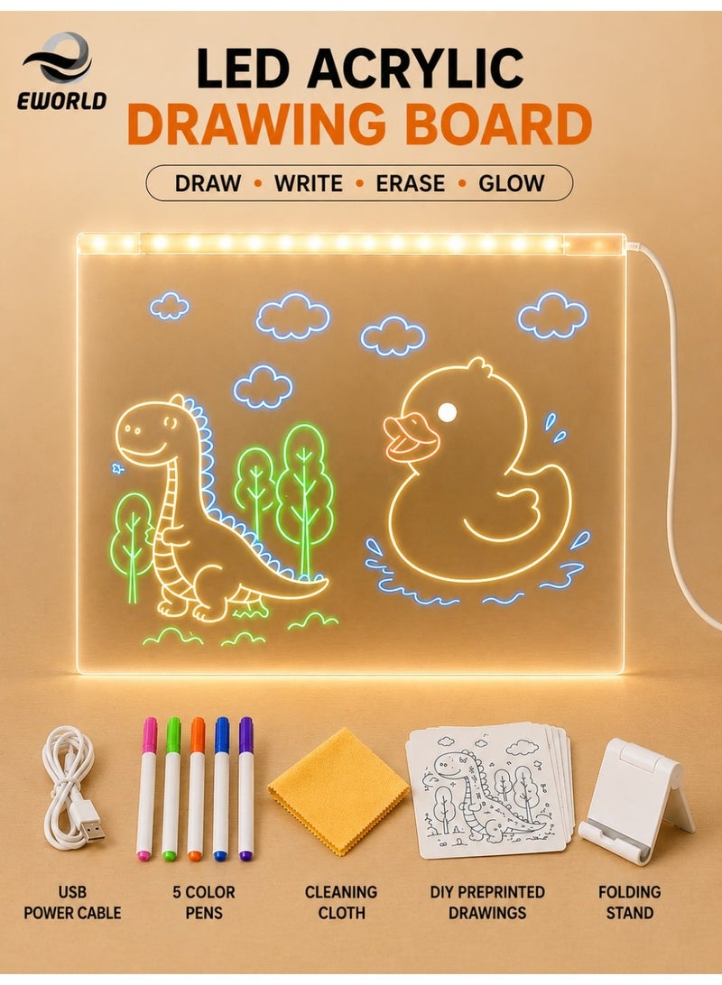 Eworld LED Acrylic Drawing Board for Kids, USB Powered Reusable Erasable Drawing & Writing Board with LED Light, Acrylic Tracing Board, 5 Color Markers, DIY Templates, Folding Stand, Cleaning Cloth & USB Cable, 20 × 20 cm - Image 1
