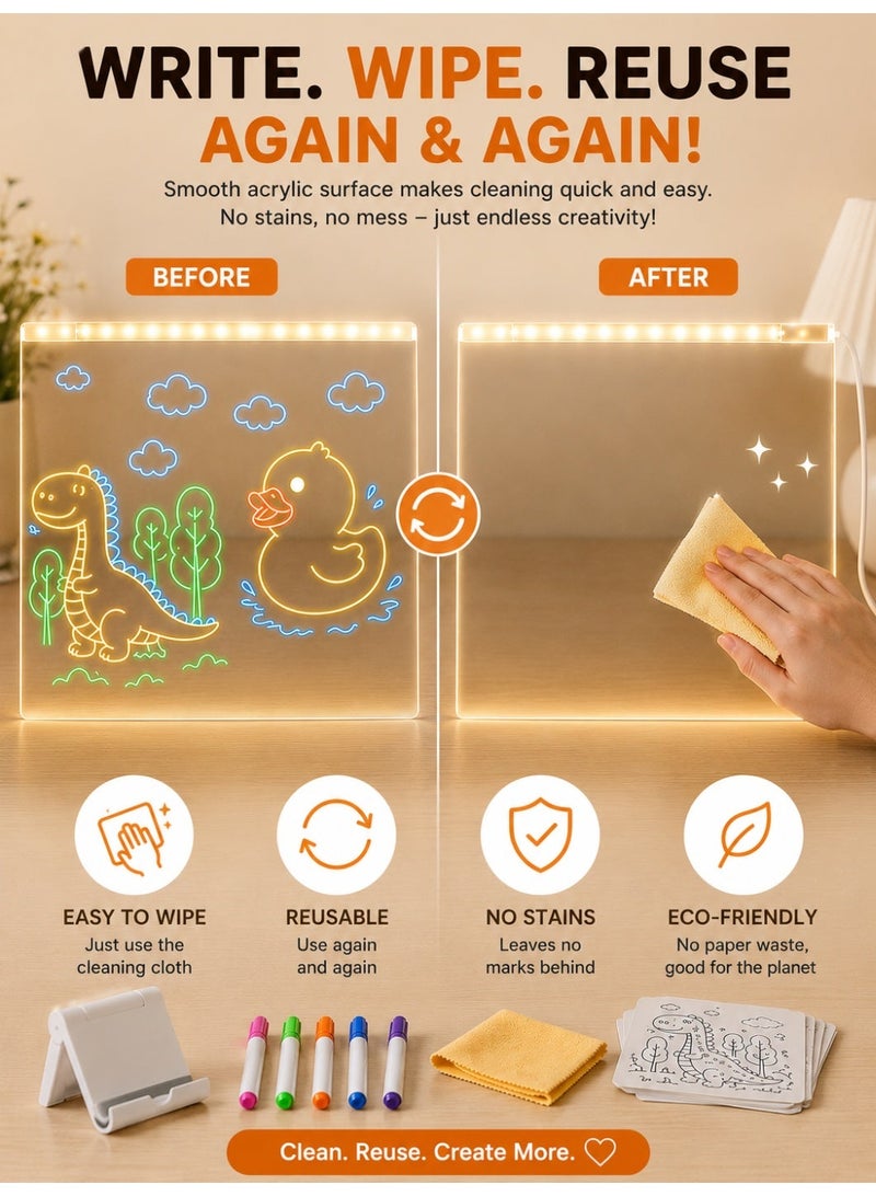 Eworld LED Acrylic Drawing Board for Kids, USB Powered Reusable Erasable Drawing & Writing Board with LED Light, Acrylic Tracing Board, 5 Color Markers, DIY Templates, Folding Stand, Cleaning Cloth & USB Cable, 20 × 20 cm - Image 2