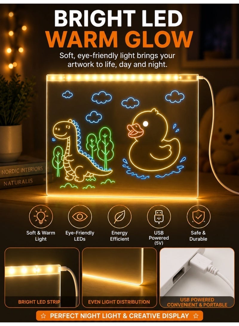 Eworld LED Acrylic Drawing Board for Kids, USB Powered Reusable Erasable Drawing & Writing Board with LED Light, Acrylic Tracing Board, 5 Color Markers, DIY Templates, Folding Stand, Cleaning Cloth & USB Cable, 20 × 20 cm - Image 3