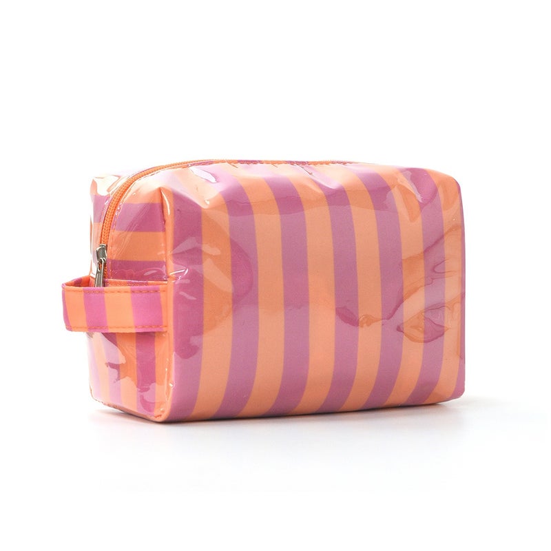 W Large Capacity Travel Cosmetic Bag with Striped Design, Portable Makeup Organizer for Women, Washable Polyester Storage Pouch - Image 1