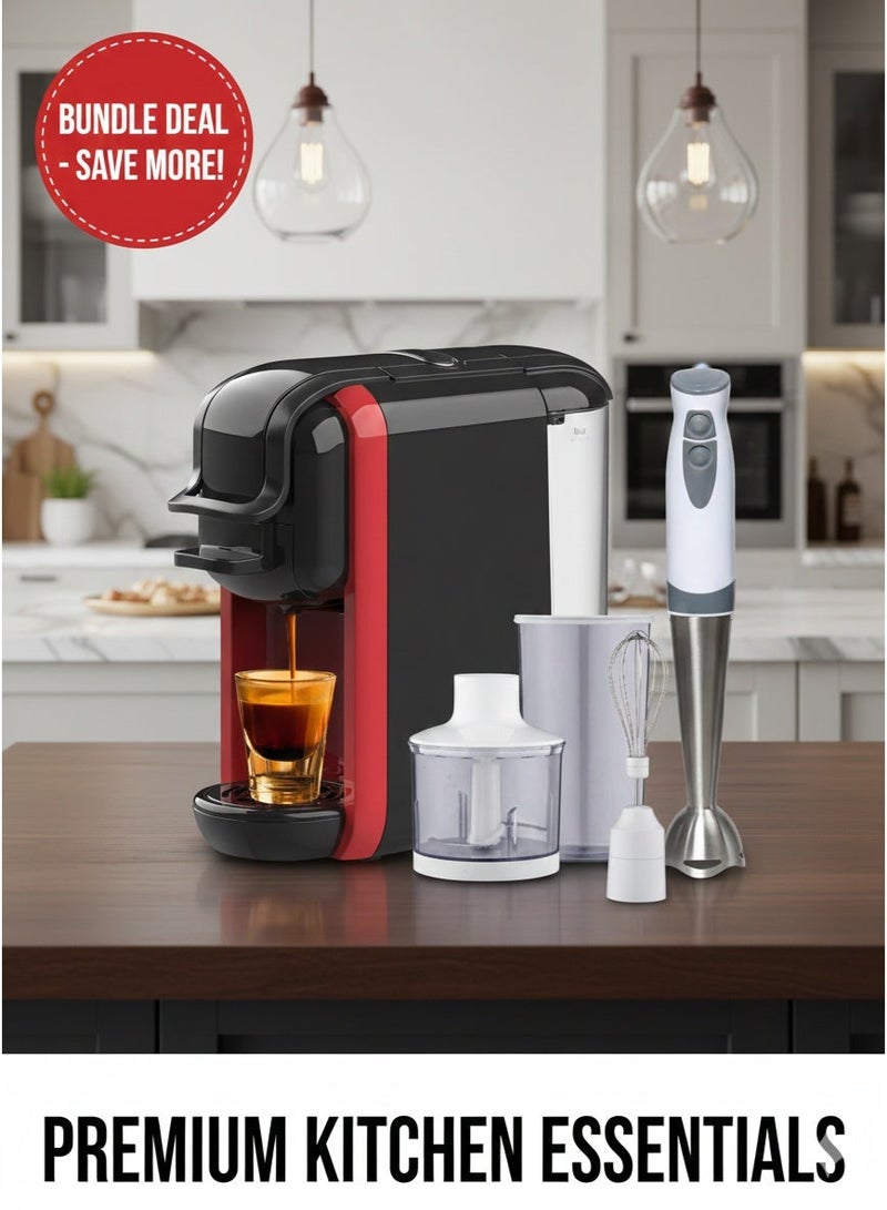 KLIKONIX 3 In 1 Multifunction Espresso Capsule Coffee Machine For Nespresso Dolce Gusto And Coffee Powder | Auto Shut Off 1450W 600ML Black & 4 in 1 Hand Blender Set | 2 Speed | Stainless Steel Shaft | 600 ML JUG | 500W KHB-169Bundle - Image 1