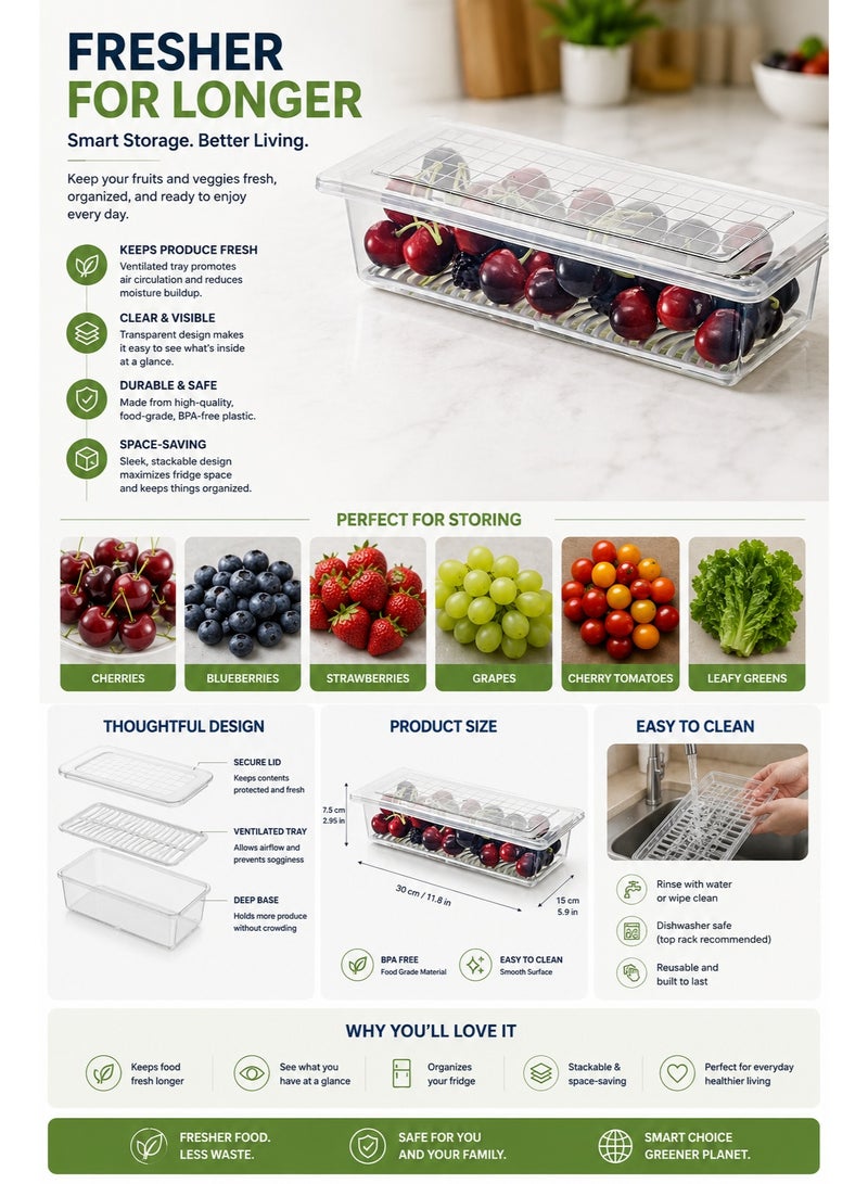 Dunekart Fridge Storage Boxes (Pack of 1), Fridge Organizer with Removable Drain Plate Fridge Storage Containers Keeps Fruits, Vegetables, Meat, Fish Fresh Longer 1500 ML Container Box - Image 3