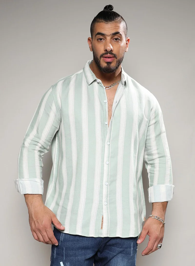 Instafab Plus Instafab Plus Men's Sage Green & White Contrast Club Striped Shirt For Casual Wear | Spread Collar | Long Sleeve | Button Closure | Cotton Blend Shirt Crafted With Comfort Fit For Everyday Wear