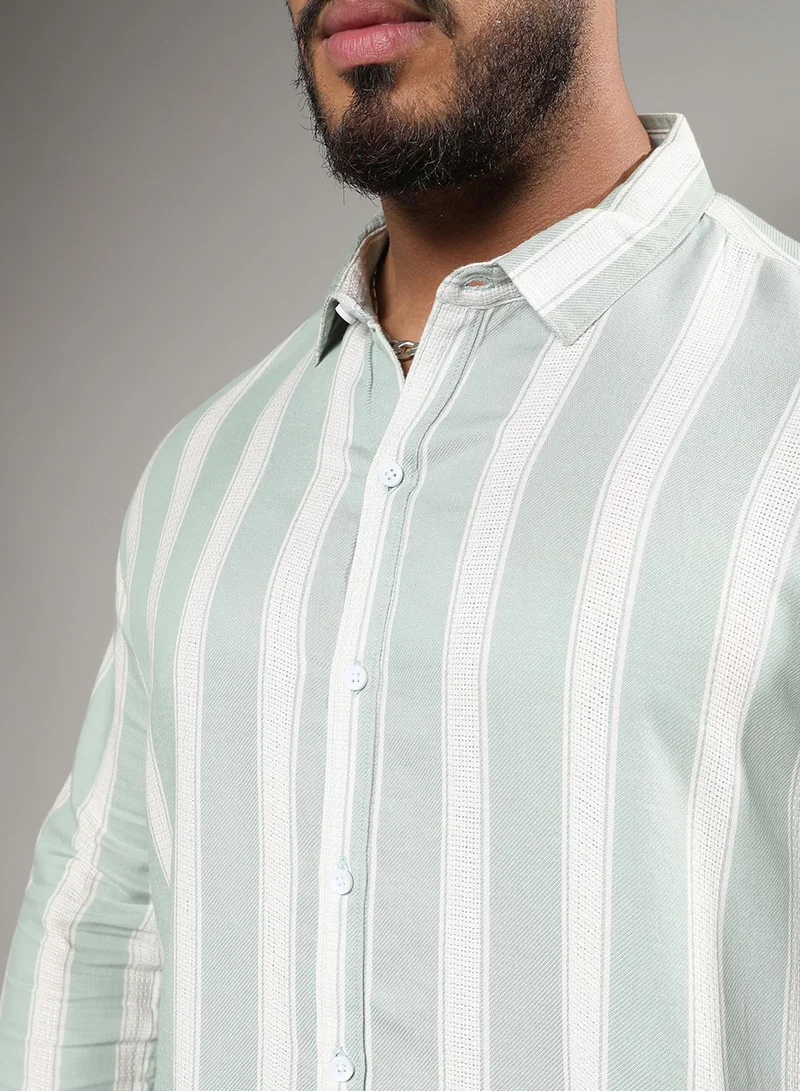 Instafab Plus  Instafab Plus Men's Sage Green & White Contrast Club Striped Shirt For Casual Wear | Spread Collar | Long Sleeve | Button Closure | Cotton Blend Shirt Crafted With Comfort Fit For Everyday Wear for Men | Best Price UAE