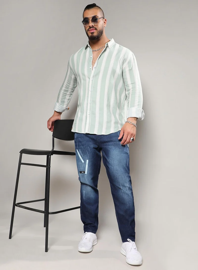 Instafab Plus  Instafab Plus Men's Sage Green & White Contrast Club Striped Shirt For Casual Wear | Spread Collar | Long Sleeve | Button Closure | Cotton Blend Shirt Crafted With Comfort Fit For Everyday Wear for Men | Best Price UAE