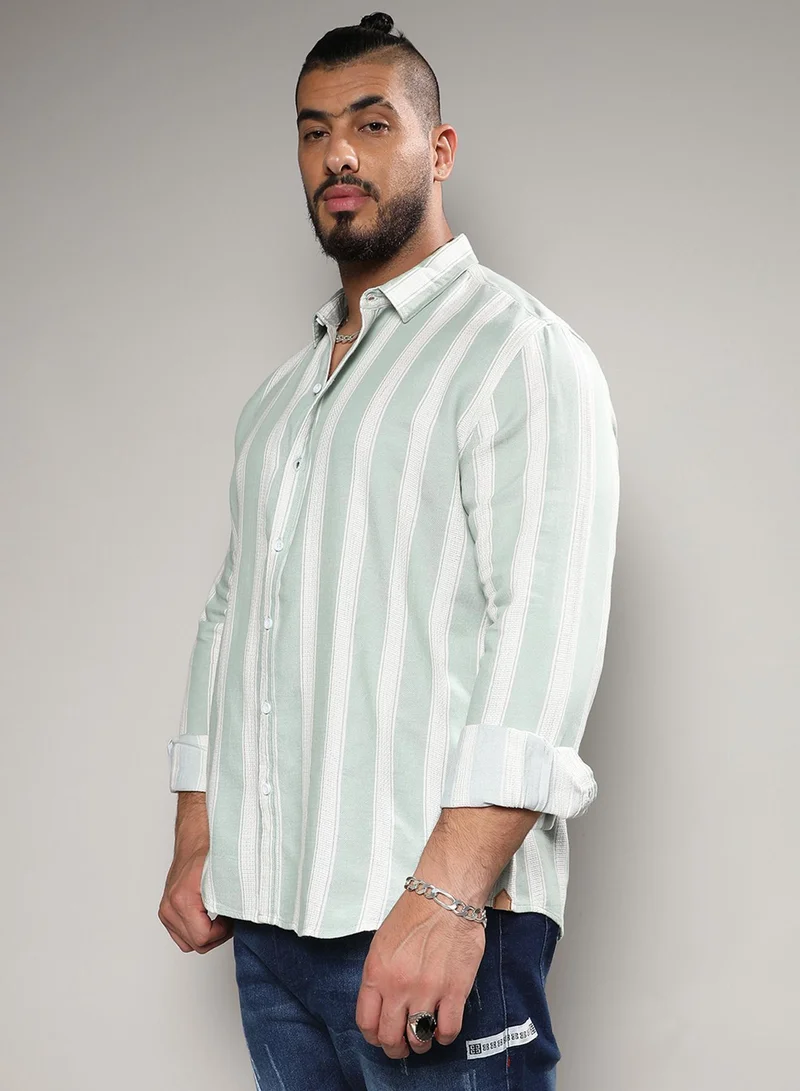 Instafab Plus  Instafab Plus Men's Sage Green & White Contrast Club Striped Shirt For Casual Wear | Spread Collar | Long Sleeve | Button Closure | Cotton Blend Shirt Crafted With Comfort Fit For Everyday Wear for Men | Best Price UAE