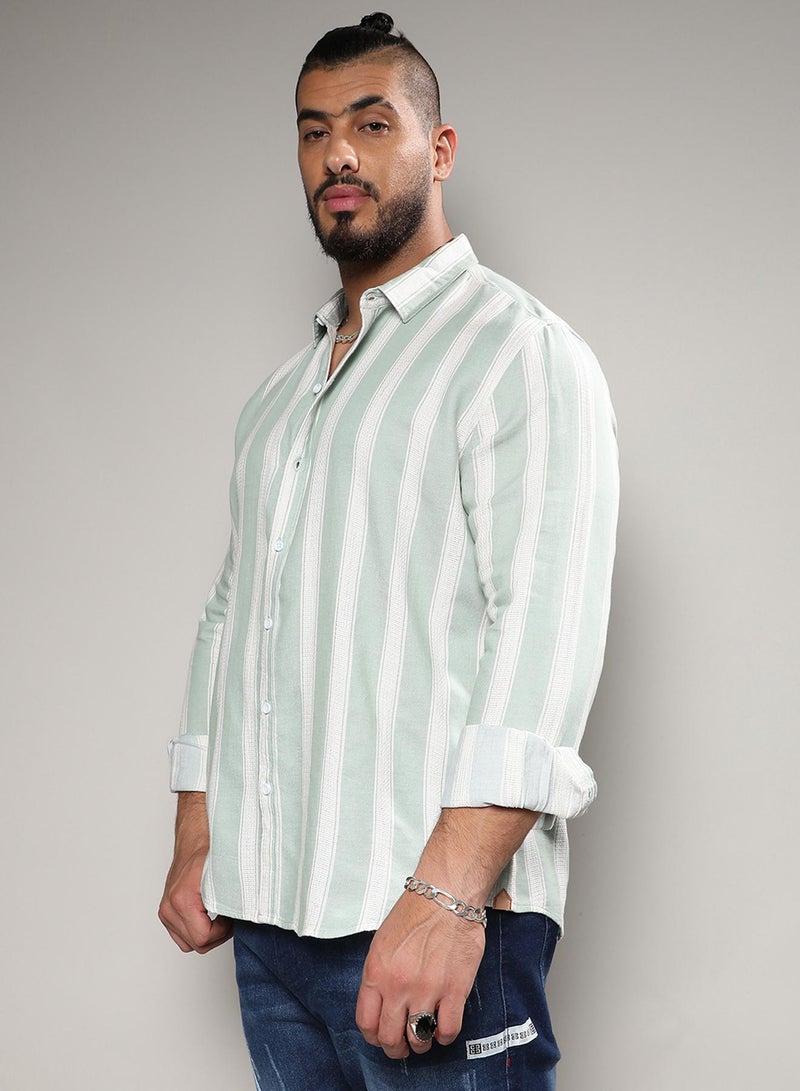 Instafab Plus Men's Sage Green & White Contrast Club Striped Shirt For Casual Wear | Spread Collar | Long Sleeve | Button Closure | Cotton Blend Shirt Crafted With Comfort Fit For Everyday Wear - Image 3