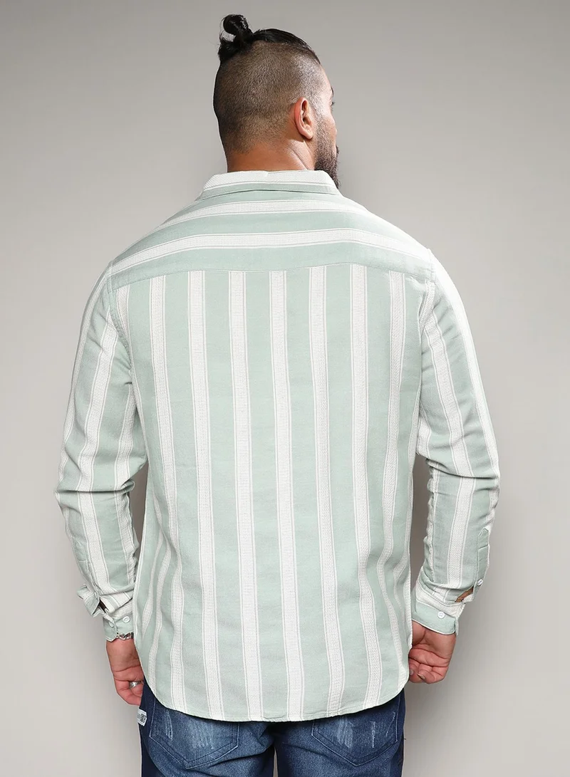 Instafab Plus  Instafab Plus Men's Sage Green & White Contrast Club Striped Shirt For Casual Wear | Spread Collar | Long Sleeve | Button Closure | Cotton Blend Shirt Crafted With Comfort Fit For Everyday Wear for Men | Best Price UAE