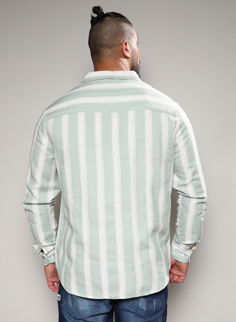 Instafab Plus Men's Sage Green & White Contrast Club Striped Shirt For Casual Wear | Spread Collar | Long Sleeve | Button Closure | Cotton Blend Shirt Crafted With Comfort Fit For Everyday Wear - Image 5