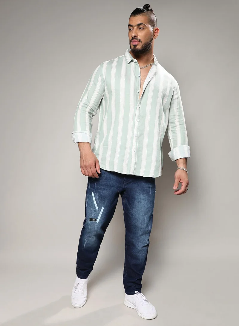 Instafab Plus  Instafab Plus Men's Sage Green & White Contrast Club Striped Shirt For Casual Wear | Spread Collar | Long Sleeve | Button Closure | Cotton Blend Shirt Crafted With Comfort Fit For Everyday Wear for Men | Best Price UAE