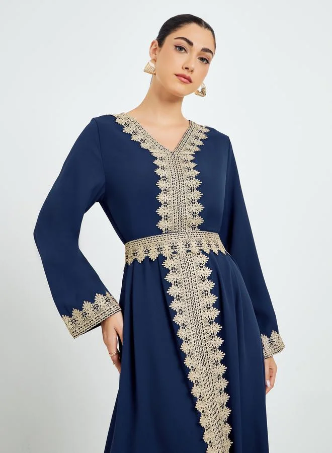 Amirah  Navy Blue Embroidered A-Line Kaftan for Women | Best Price UAE