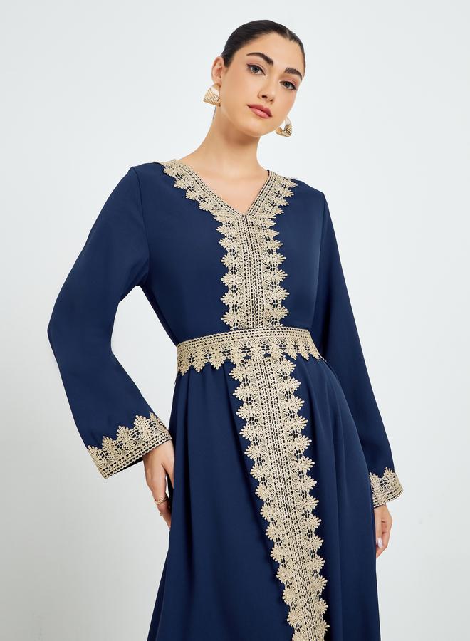 Amirah Navy Blue Embroidered A-Line Kaftan - Image 3