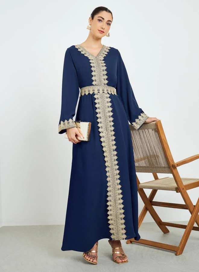 Amirah Navy Blue Embroidered A-Line Kaftan