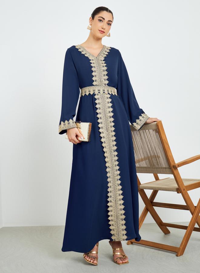 Amirah Navy Blue Embroidered A-Line Kaftan - Image 1