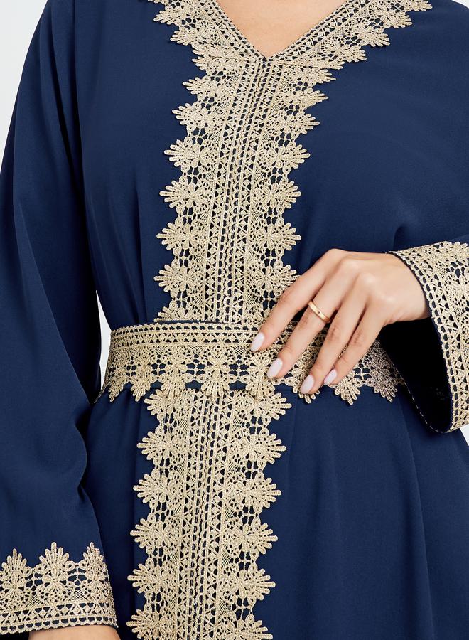 Amirah Navy Blue Embroidered A-Line Kaftan - Image 4
