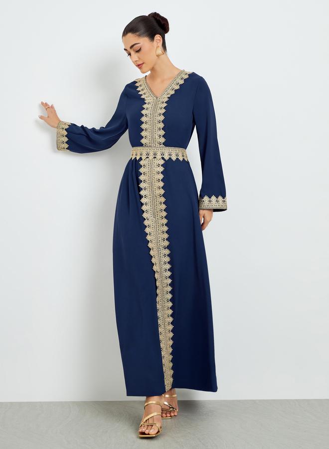 Amirah Navy Blue Embroidered A-Line Kaftan - Image 2
