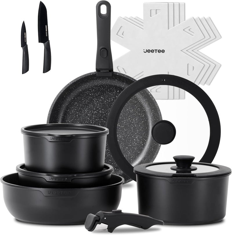 Jeetee Pots and Pans Set Non Stick 17pcs, Kitchen Cookware Sets with Detachable Handle, Induction Nonstick Cookware Set with Removable Handle, Stackable RV Cookware, Oven Safe, PFOA Free, Black - Image 1