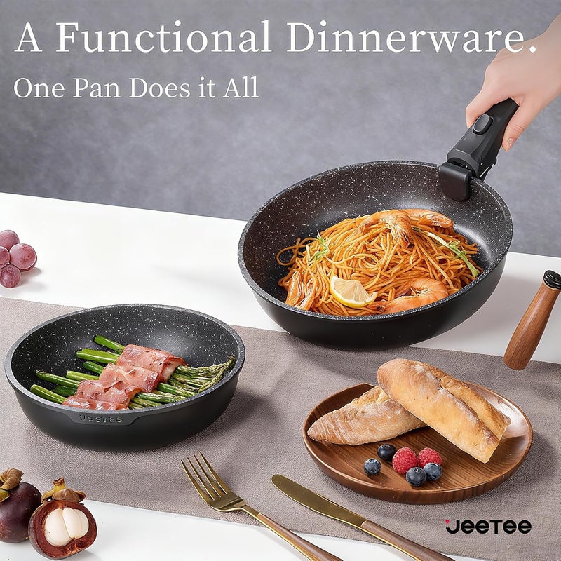 Jeetee Pots and Pans Set Non Stick 17pcs, Kitchen Cookware Sets with Detachable Handle, Induction Nonstick Cookware Set with Removable Handle, Stackable RV Cookware, Oven Safe, PFOA Free, Black - Image 5