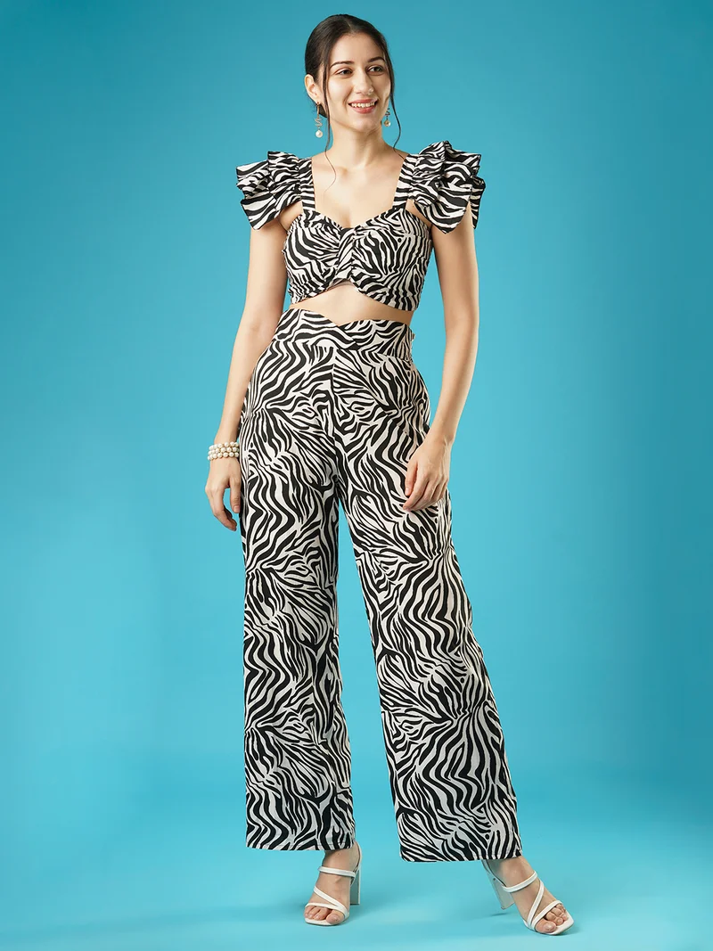 globus Globus Women Black & White Animal Printed Shoulder Straps Flutter Sleeves Crop Top & Trousers