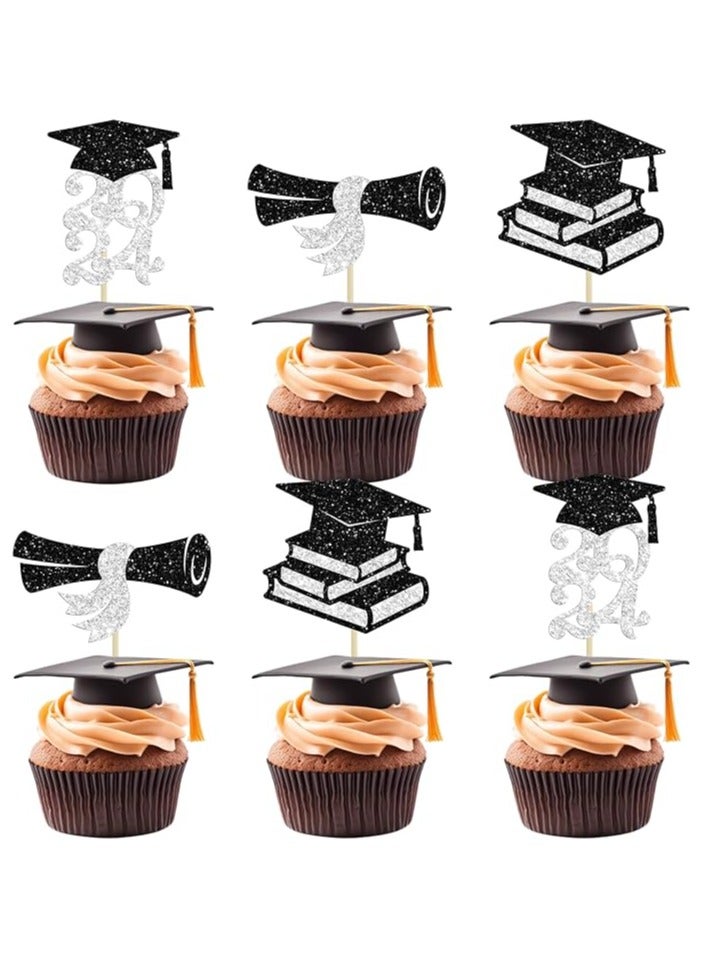 24Pcs 2024 Graduation Theme Cupcake Toppers Glitter Class of 2024 Cupcake Picks Diploma Grad Cap Cupcake Decorations for 2024 Graduation Theme Party Cake Decorations Supplies Black Silver