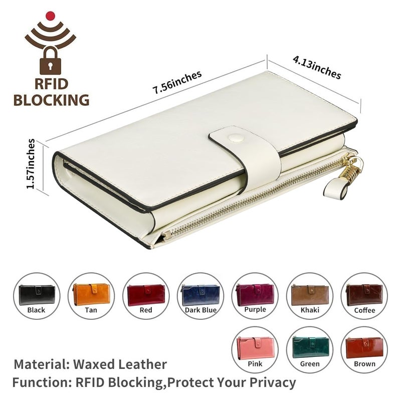 Itslife Womens Wallet RFID Blocking Large Capacity Luxury Wax Genuine Leather Wallets Clutch Wallet Ladies Card holder,Beige - Image 5
