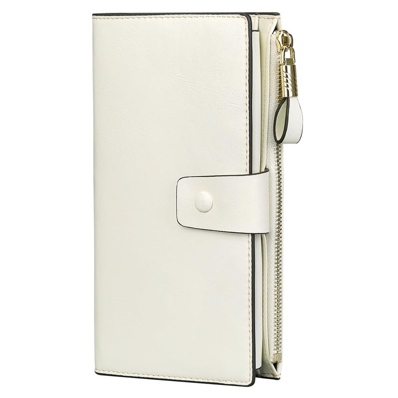 Itslife Womens Wallet RFID Blocking Large Capacity Luxury Wax Genuine Leather Wallets Clutch Wallet Ladies Card holder,Beige - Image 1