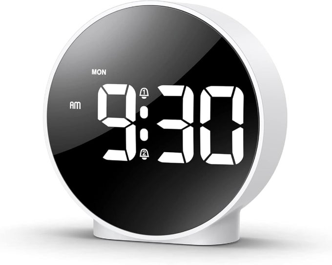 LED ALARM CLOCK DIGITAL ROUND CLOCK WITH VOICE AND TOUCH ACTIVATED 2 SEPARATE ALARMS SNOOZE WEEK 4 ADJUSTABLE BRIGHTNESS USBBATTERY POWERED WHITE