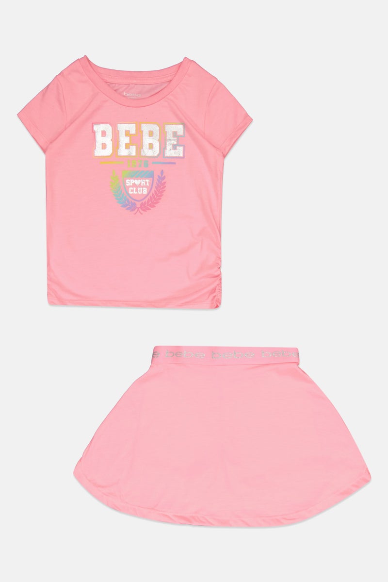 bebe Kids Girl 2 Piece Sportswear Fit Short Sleeve Training Top And Skort, Pink - Image 2