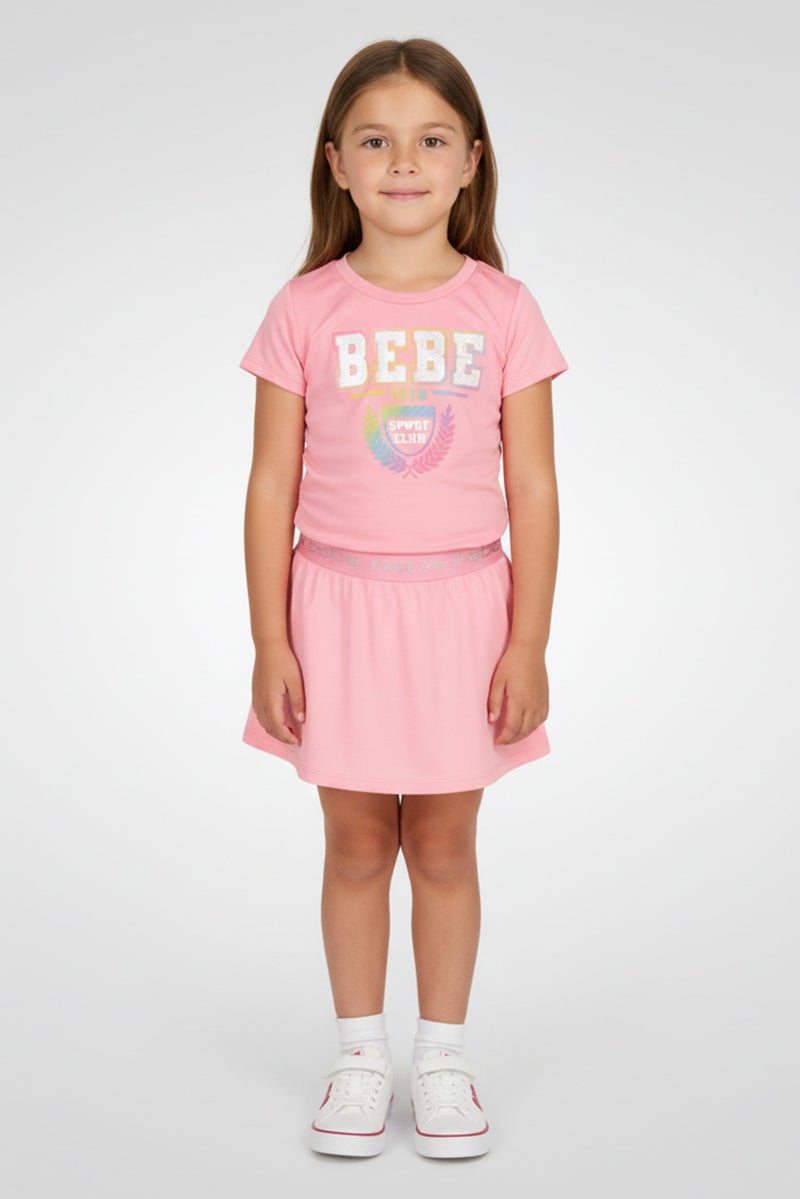bebe Kids Girl 2 Piece Sportswear Fit Short Sleeve Training Top And Skort, Pink - Image 1