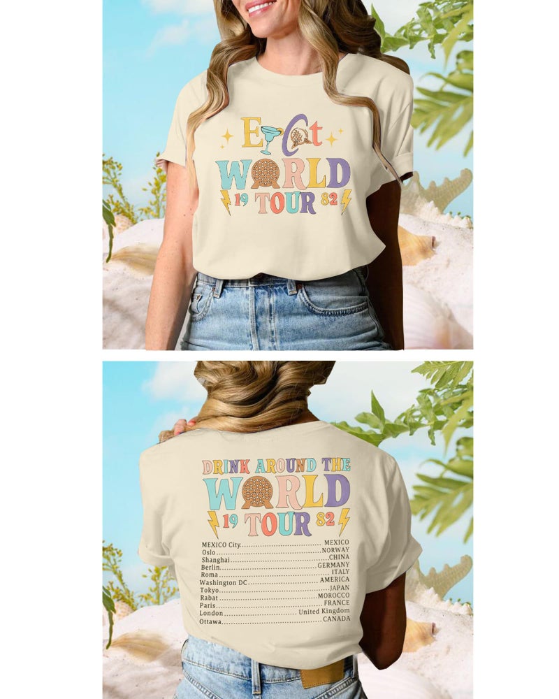 MYHALF Around The World Shirt Women Magic World Tour 1982 Graphic Tee Funny Traveler Vacation Short Sleeve Top Beige - Image 3