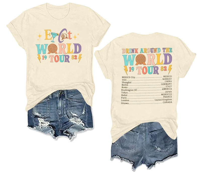 MYHALF Around The World Shirt Women Magic World Tour 1982 Graphic Tee Funny Traveler Vacation Short Sleeve Top Beige - Image 1