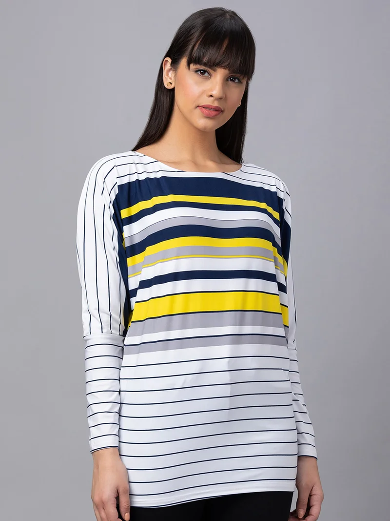 globus Globus Women White Striped Boat Neck Longline Top
