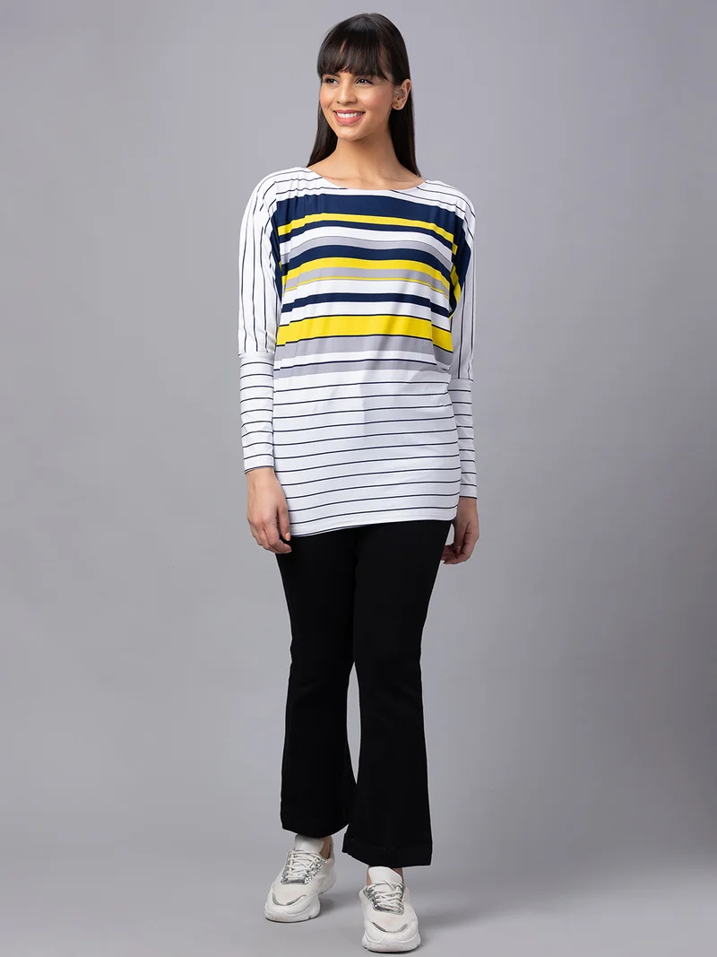 globus Globus Women White Striped Boat Neck Longline Top