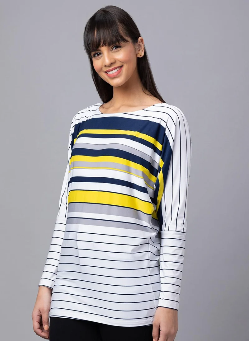 globus Globus Women White Striped Boat Neck Longline Top