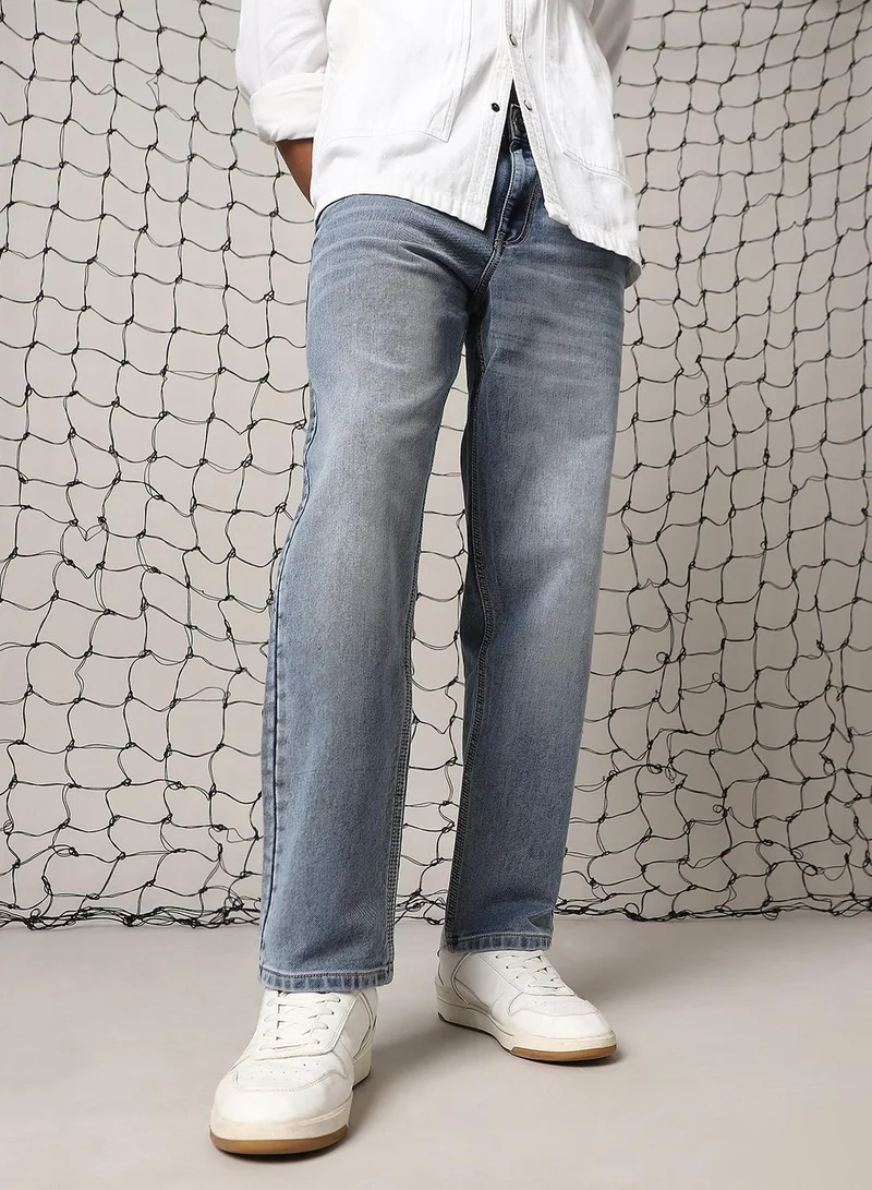 Hubberholme Men's Indigo Cotton Blend Distressed Full Length Relaxed Fit Jeans