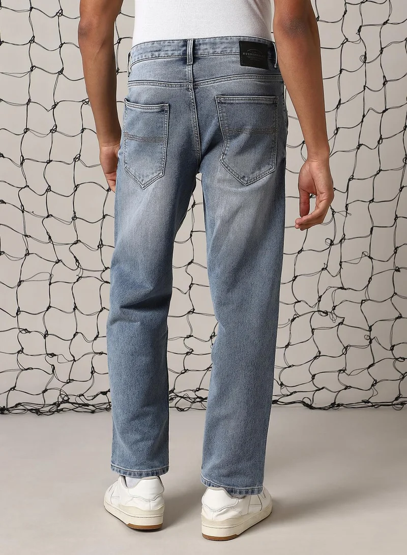 Hubberholme Men's Indigo Cotton Blend Distressed Full Length Relaxed Fit Jeans