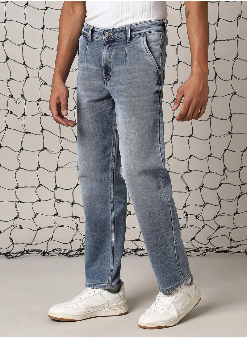 Hubberholme Men's Indigo Cotton Blend Distressed Full Length Relaxed Fit Jeans