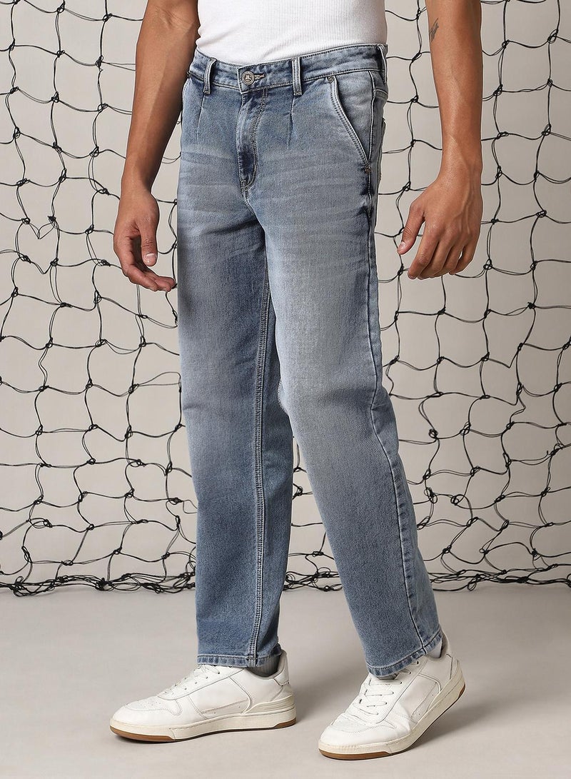 Hubberholme Men's Indigo Cotton Blend Distressed Full Length Relaxed Fit Jeans - Image 2