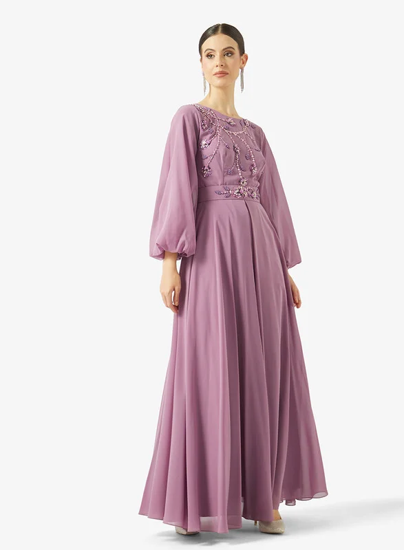 AINA Floral Vines Embroidered Chiffon Gown