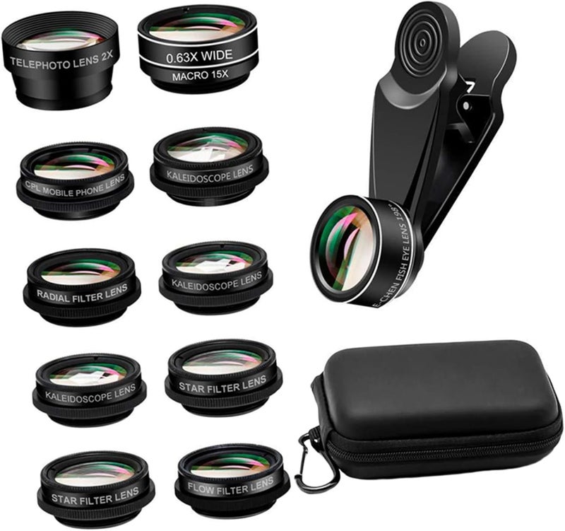 Universal Mobile Phone Lens Set 10-in-1 with Wide Angle Macro Fisheye Telephoto Lenses and Clip for Smartphone Photography, Portable 12pcs Kit with Storage Bag for Travel - Image 1