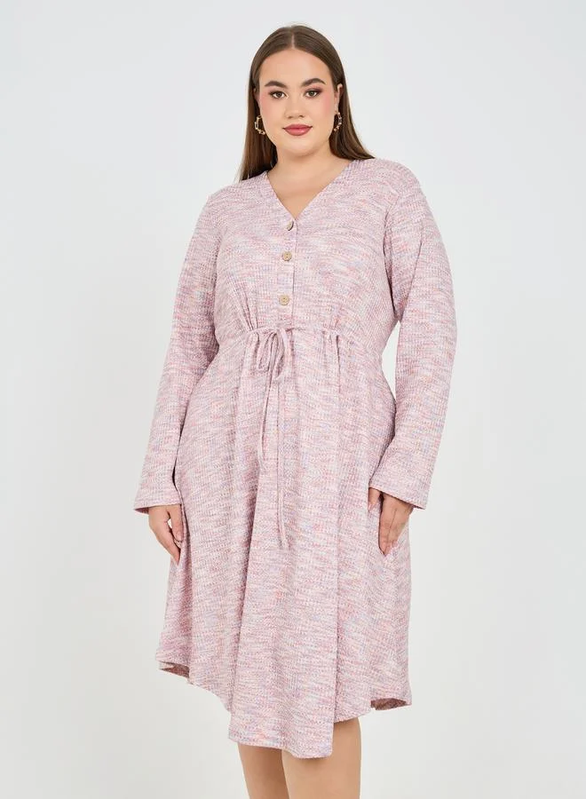 Styli Plus Tweed Front Button A-Line Midi Dress with Self Tie Up