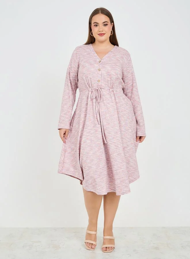 Styli Plus Tweed Front Button A-Line Midi Dress with Self Tie Up
