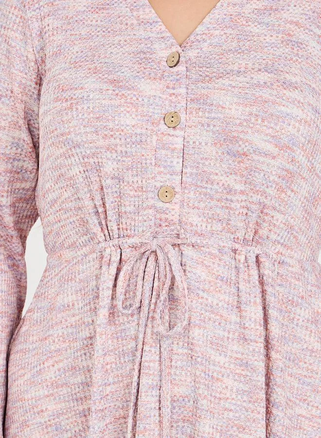 Styli Plus Tweed Front Button A-Line Midi Dress with Self Tie Up