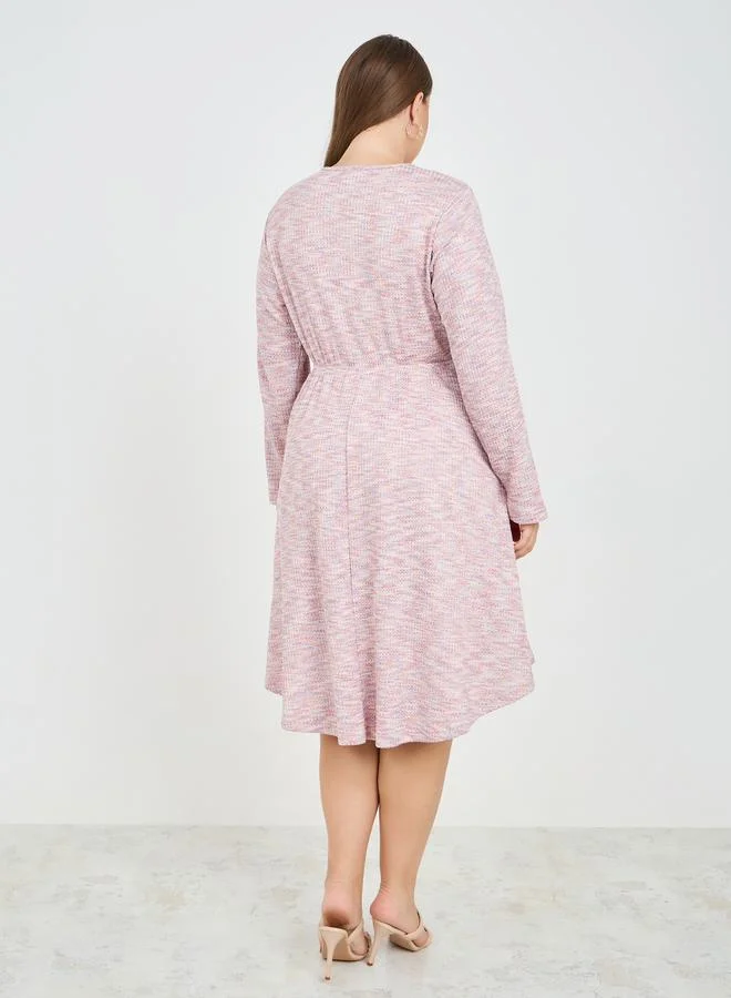 Styli Plus Tweed Front Button A-Line Midi Dress with Self Tie Up