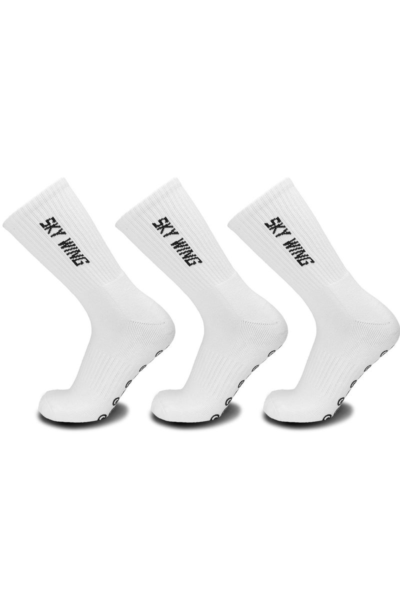 جناح السماء جوارب كرة قدم للرجال والنساء مضادة للانزلاق، جوارب رياضية مضادة للانزلاق لكرة القدم وكرة السلة مع وسادات قبضة - أبيض - 3 أزواج - Image 1