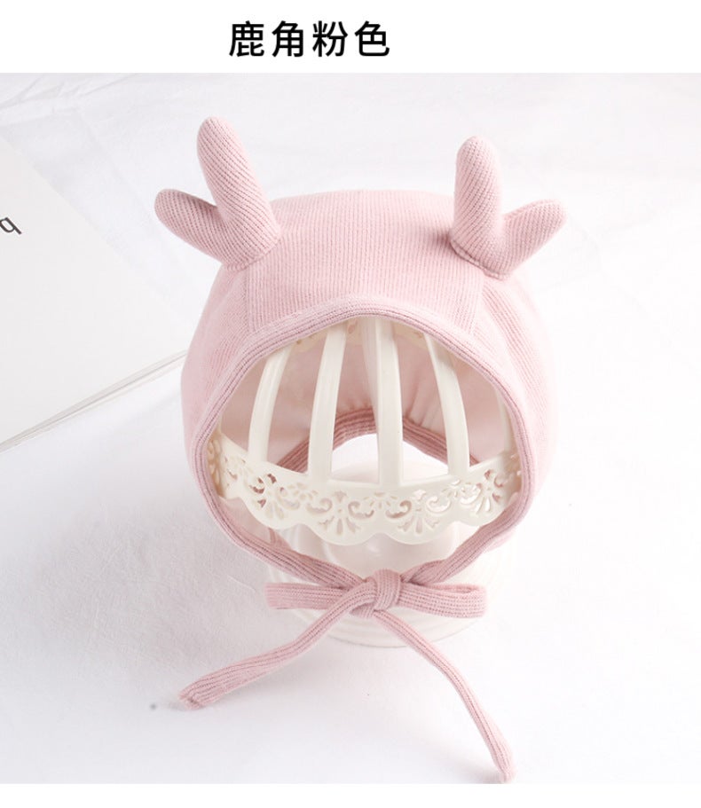 Baby hat spring and autumn baby cute super cute autumn and winter baby ear protection fetal cap newborn baby girl antler cap Pink antler section