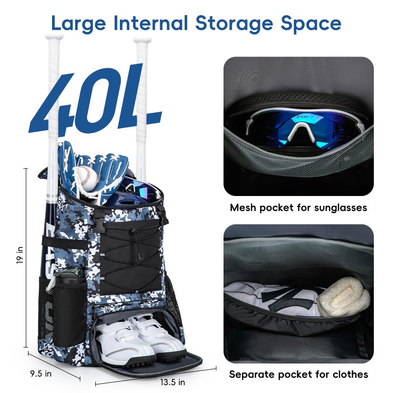 KAVIGOR Baseball Bag for Youth and Adult, Softball Backpack 40L Large Capacity, Bat Backpack with Shoes Compartment and Hidden Helmet Holder - Image 3