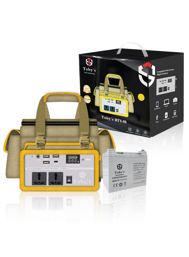 Toby's 8 قطع ملحقات مع أفضل بطارية تخييم عالية الطاقة تدوم طويلاً 50A بطارية قابلة للشحن مع محول طاقة 220V سعة 24000mAh - Image 1