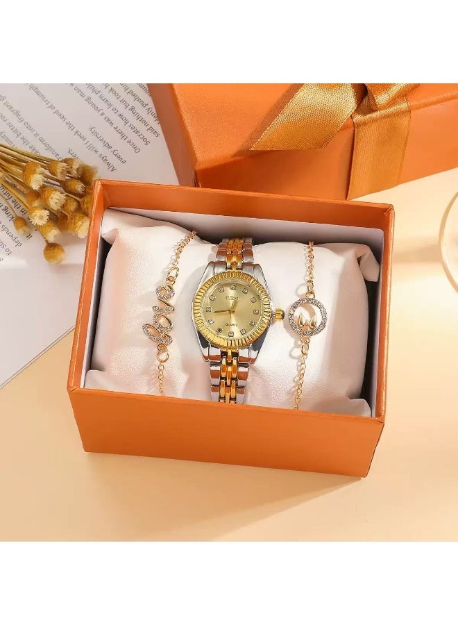 Jusen Luxury Women's Watch Gift Set - Gold and Silver Stainless Steel Quartz Watch with 2 Crystal Bands, Elegant Jewelry Gift Box for Birthdays and Anniversary - Image 1